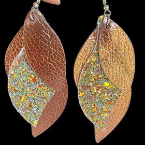 Leaf-Shaped Faux Leather Earrings in Copper w/Layered Silver Gold Glitter Accent